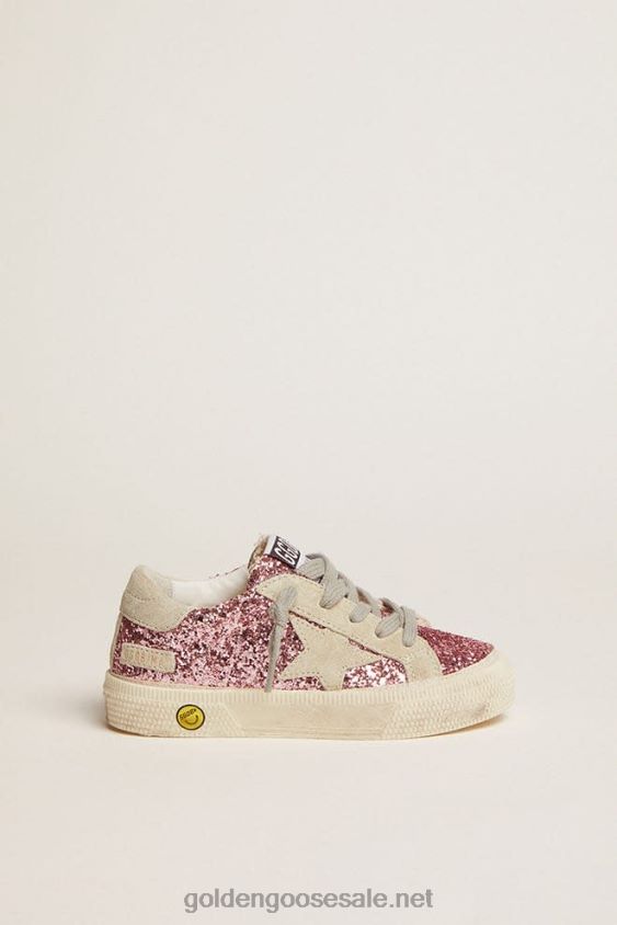 May sneakers in pink glitter with star and heel tab in ice-gray suede FN20N859 Kids Golden Goose