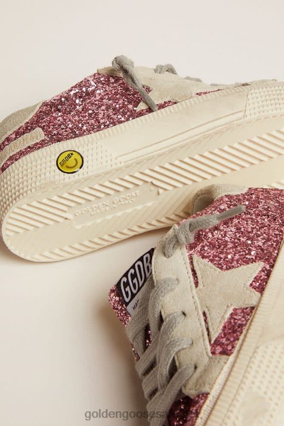 May sneakers in pink glitter with star and heel tab in ice-gray suede FN20N859 Kids Golden Goose