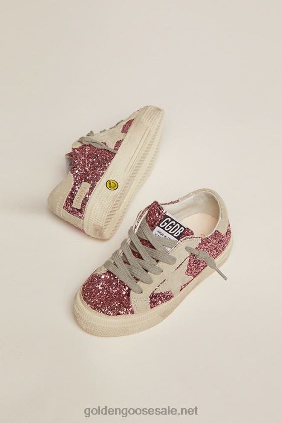 May sneakers in pink glitter with star and heel tab in ice-gray suede FN20N859 Kids Golden Goose