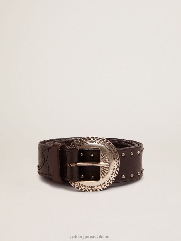 Black Ranch belt in washed leather with silver color studs FN20N832 Men Golden Goose