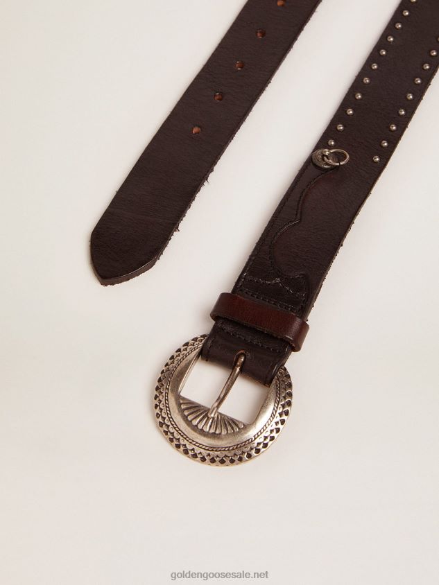 Black Ranch belt in washed leather with silver color studs FN20N832 Men Golden Goose