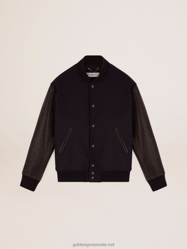 Bomber jacket in dark blue wool with distressed leather sleeves FN20N773 Men Golden Goose