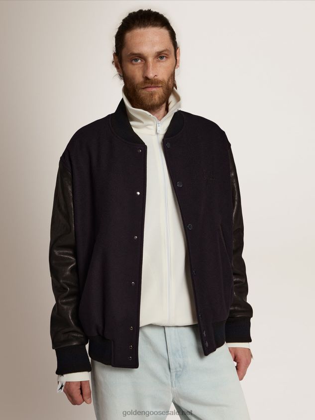 Bomber jacket in dark blue wool with distressed leather sleeves FN20N773 Men Golden Goose