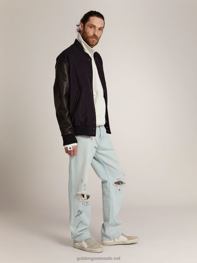Bomber jacket in dark blue wool with distressed leather sleeves FN20N773 Men Golden Goose