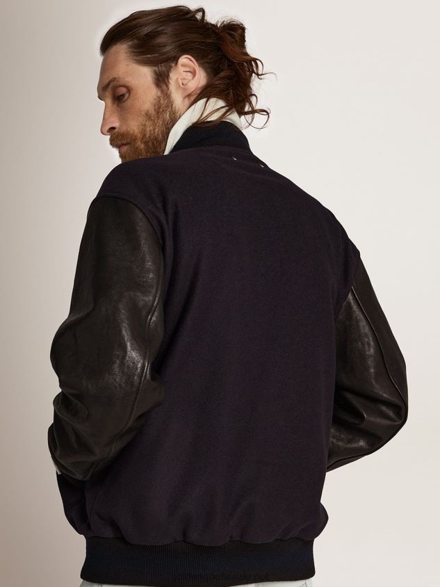 Bomber jacket in dark blue wool with distressed leather sleeves FN20N773 Men Golden Goose