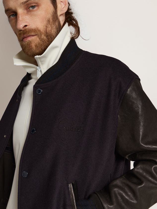 Bomber jacket in dark blue wool with distressed leather sleeves FN20N773 Men Golden Goose