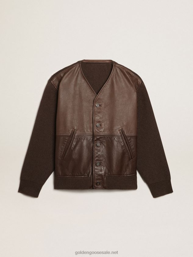 Chocolate-colored leather and knit V-neck cardigan FN20N818 Men Golden Goose