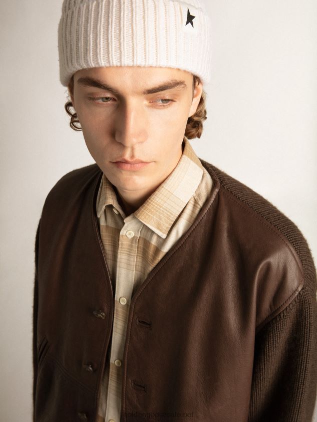 Chocolate-colored leather and knit V-neck cardigan FN20N818 Men Golden Goose