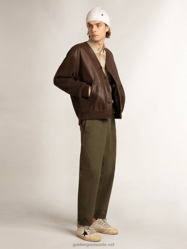 Chocolate-colored leather and knit V-neck cardigan FN20N818 Men Golden Goose