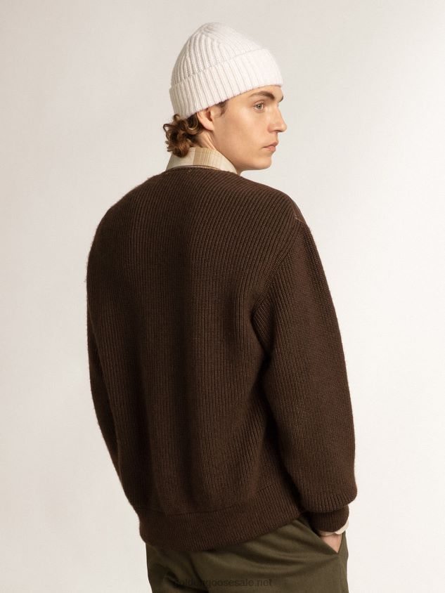 Chocolate-colored leather and knit V-neck cardigan FN20N818 Men Golden Goose
