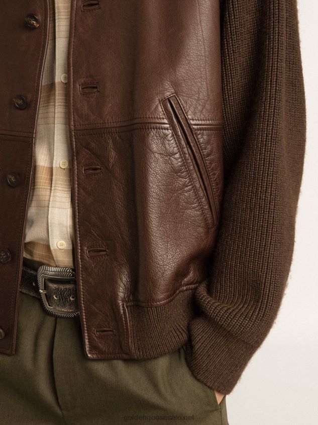 Chocolate-colored leather and knit V-neck cardigan FN20N818 Men Golden Goose