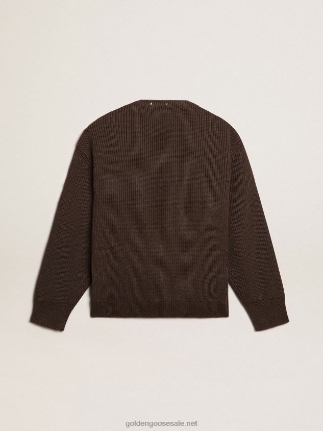 Chocolate-colored leather and knit V-neck cardigan FN20N818 Men Golden Goose