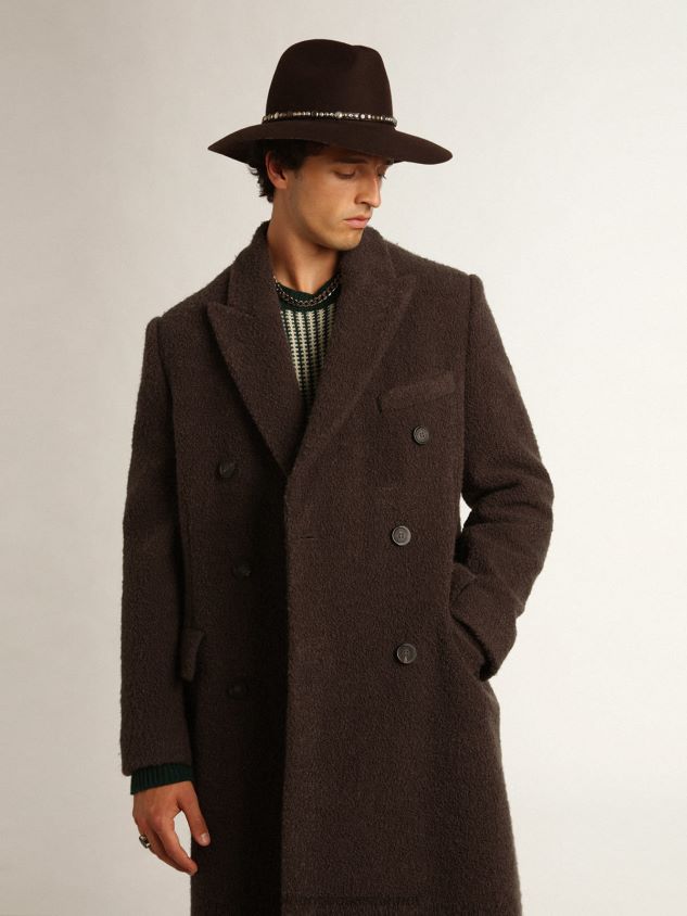 Journey Collection double-breasted coat in licorice-colored boucle wool FN20N741 Men Golden Goose