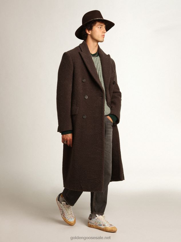 Journey Collection double-breasted coat in licorice-colored boucle wool FN20N741 Men Golden Goose