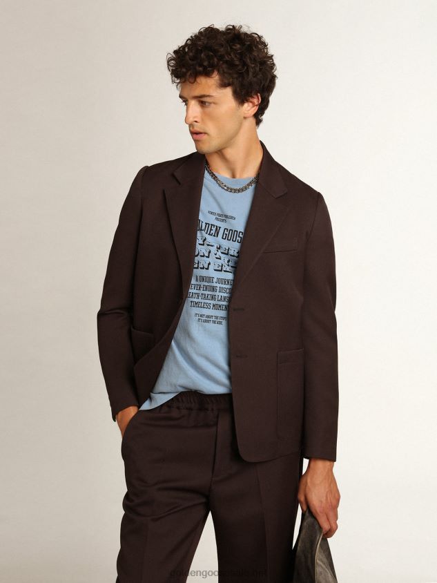 Journey Collection single-breasted blazer in licorice-colored wool gabardine with horn buttons FN20N703 Men Golden Goose