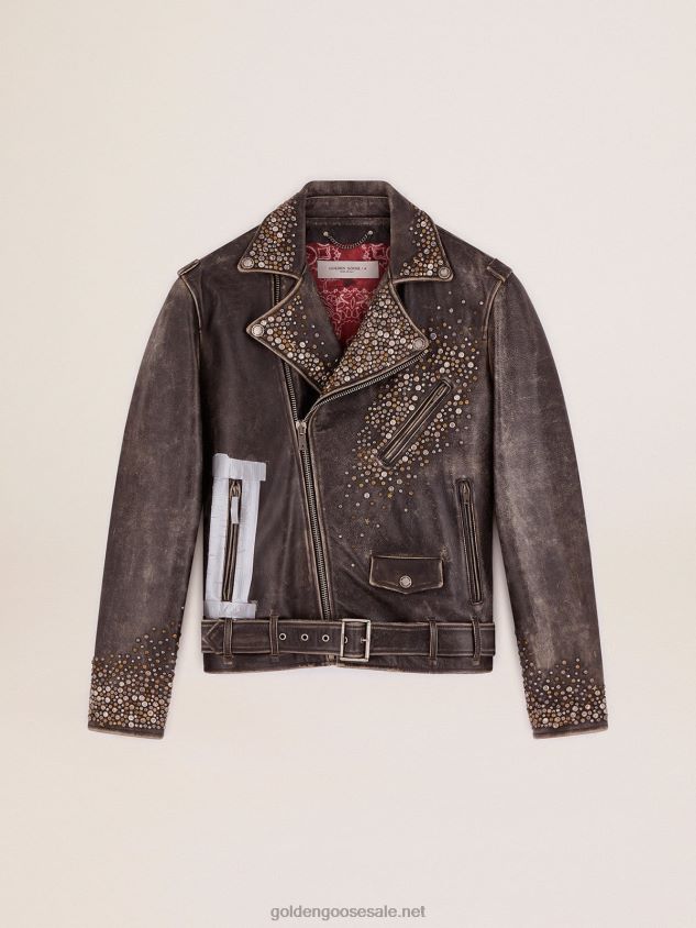 Leather biker jacket with hammered studs and adhesive tape FN20N704 Men Golden Goose