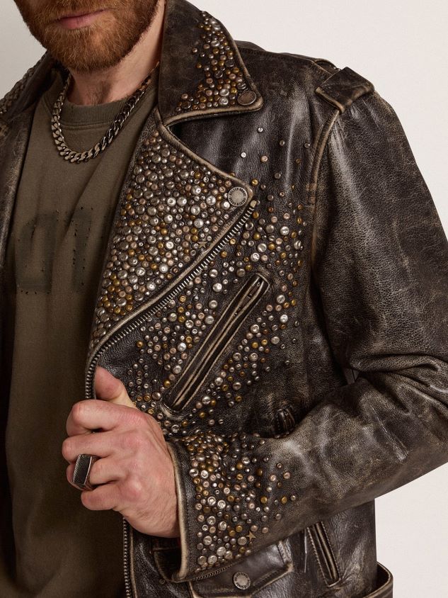 Leather biker jacket with hammered studs and adhesive tape FN20N704 Men Golden Goose