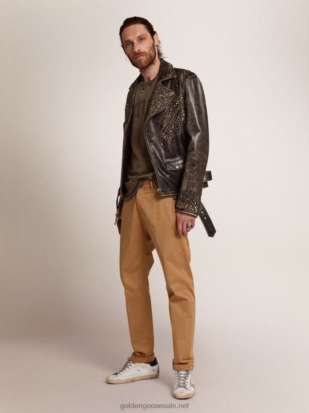 Leather biker jacket with hammered studs and adhesive tape FN20N704 Men Golden Goose