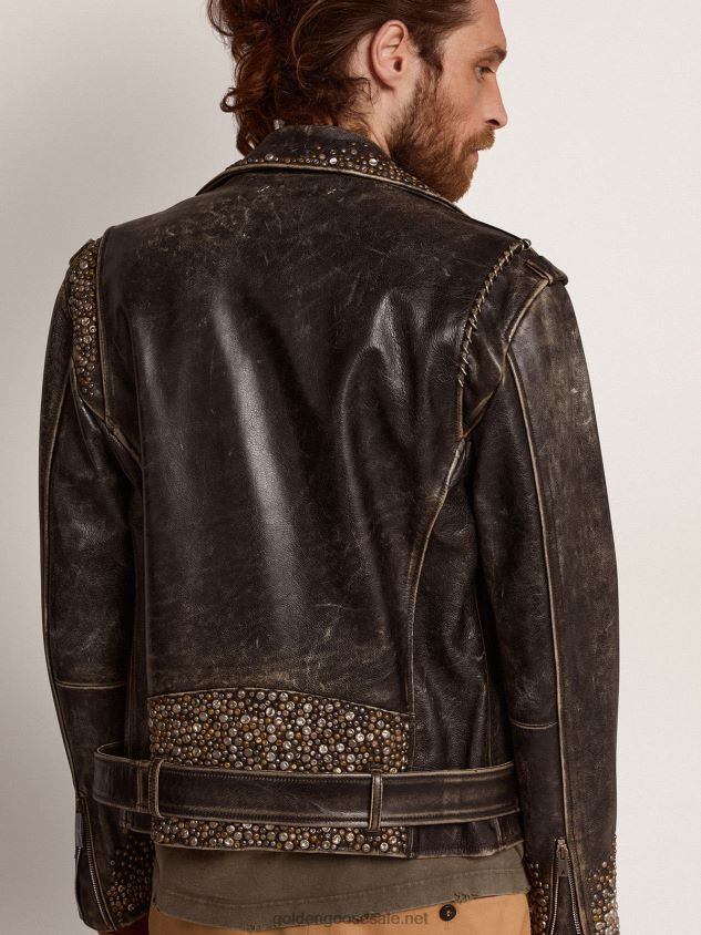 Leather biker jacket with hammered studs and adhesive tape FN20N704 Men Golden Goose