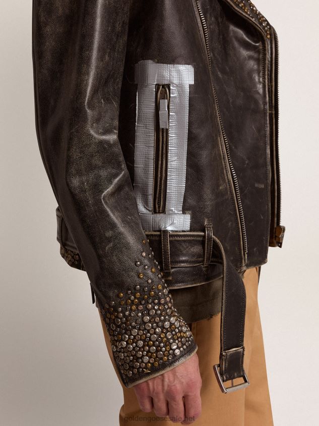 Leather biker jacket with hammered studs and adhesive tape FN20N704 Men Golden Goose