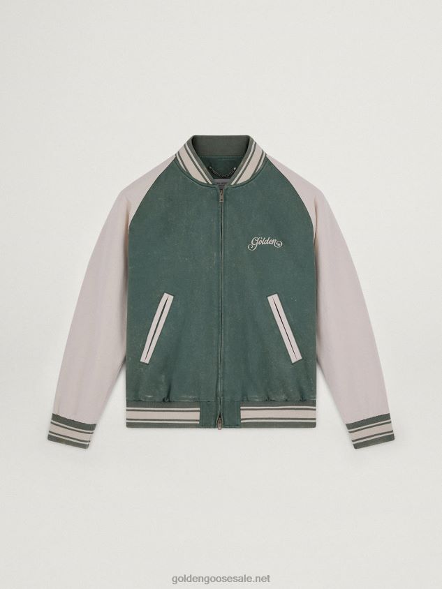 Military-green and white Journey Collection Eric bomber jacket with a lived-in effect and contrasting embroidery FN20N720 Men Golden Goose