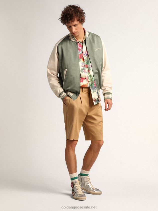 Military-green and white Journey Collection Eric bomber jacket with a lived-in effect and contrasting embroidery FN20N720 Men Golden Goose