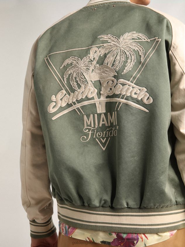 Military-green and white Journey Collection Eric bomber jacket with a lived-in effect and contrasting embroidery FN20N720 Men Golden Goose