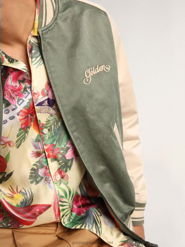 Military-green and white Journey Collection Eric bomber jacket with a lived-in effect and contrasting embroidery FN20N720 Men Golden Goose