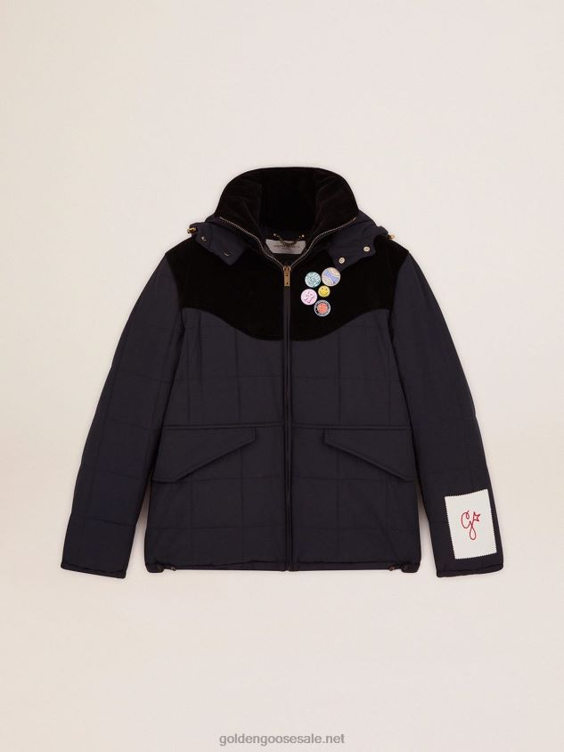 Padded jacket in dark blue nylon and black cotton corduroy FN20N725 Men Golden Goose