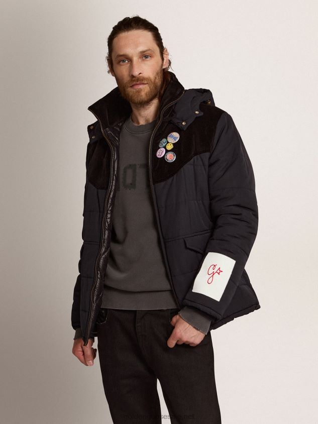 Padded jacket in dark blue nylon and black cotton corduroy FN20N725 Men Golden Goose