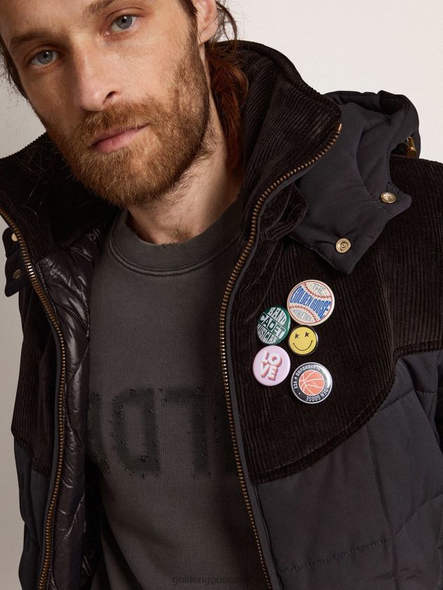 Padded jacket in dark blue nylon and black cotton corduroy FN20N725 Men Golden Goose