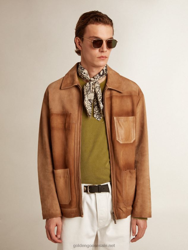 Sand-colored leather jacket with patches and zip fastening FN20N793 Men Golden Goose