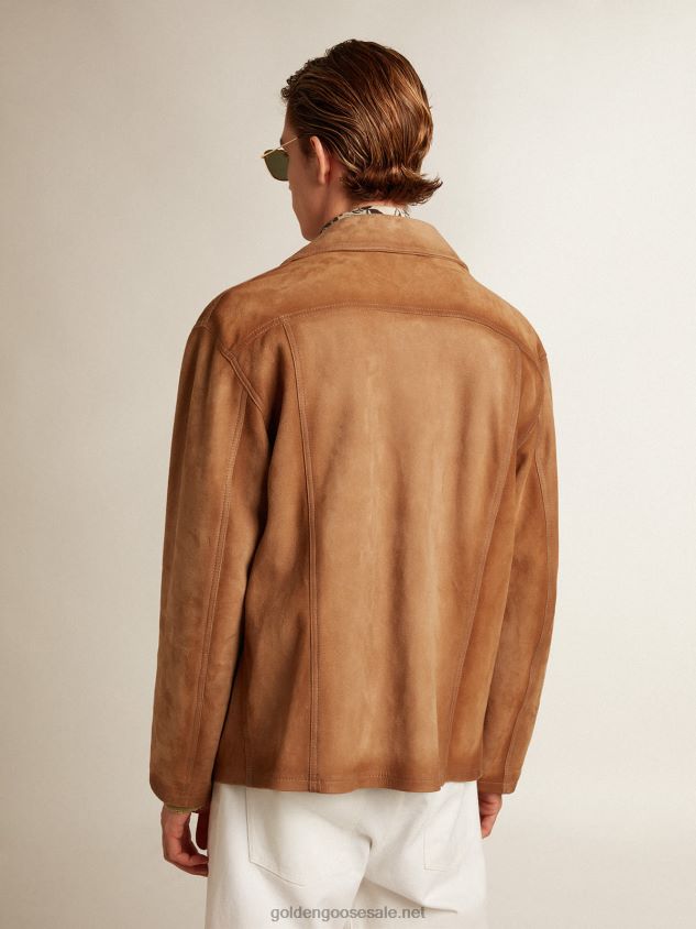 Sand-colored leather jacket with patches and zip fastening FN20N793 Men Golden Goose