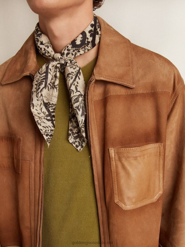 Sand-colored leather jacket with patches and zip fastening FN20N793 Men Golden Goose
