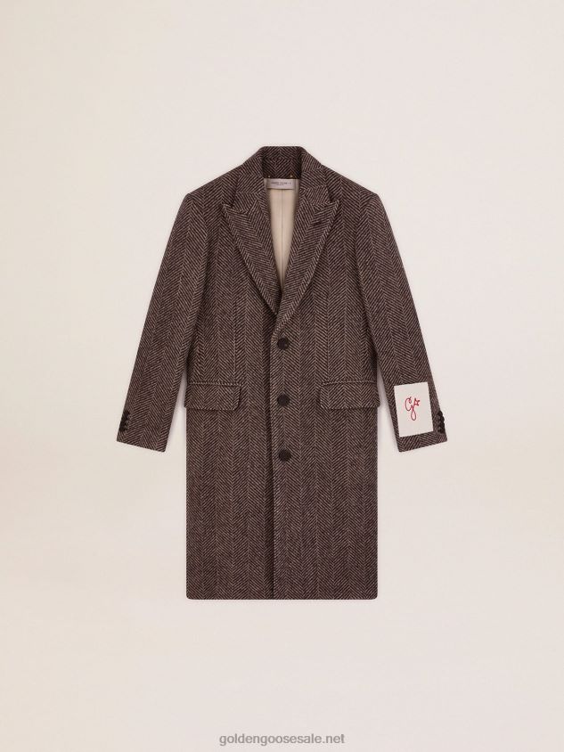Single-breasted coat in wool with herringbone weave in beige and gray FN20N774 Men Golden Goose