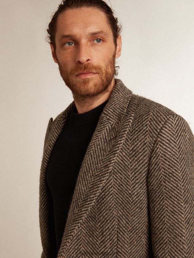 Single-breasted coat in wool with herringbone weave in beige and gray FN20N774 Men Golden Goose