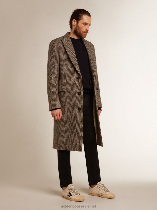 Single-breasted coat in wool with herringbone weave in beige and gray FN20N774 Men Golden Goose