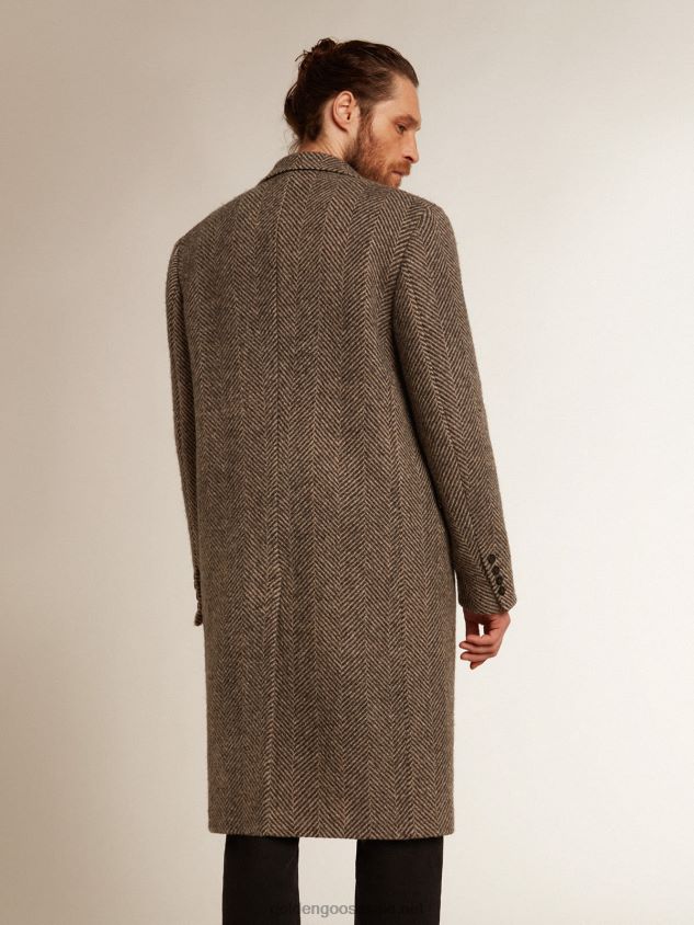 Single-breasted coat in wool with herringbone weave in beige and gray FN20N774 Men Golden Goose