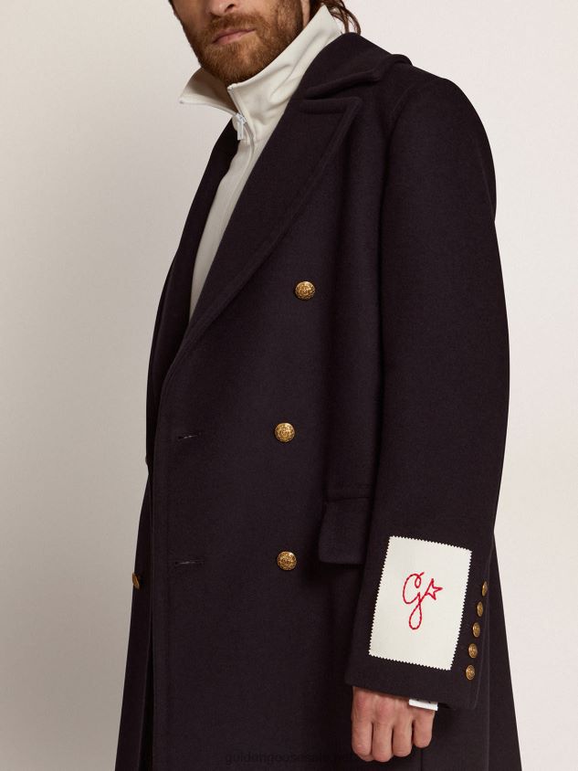 double-breasted coat in dark blue wool with gold-colored buttons FN20N696 Men Golden Goose