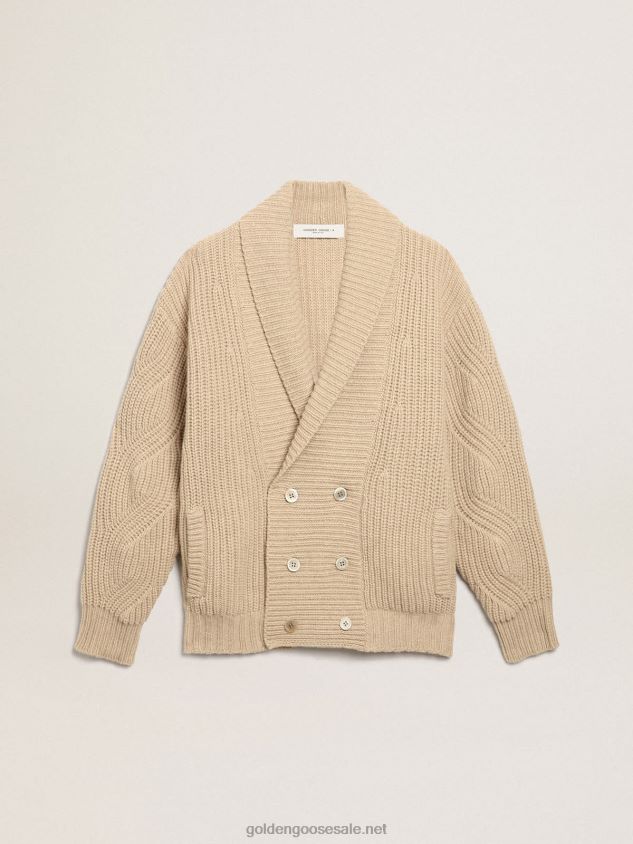 Double-breasted Journey Collection cardigan in beige ribbed wool with tone-on-tone leather patches FN20N715 Men Golden Goose