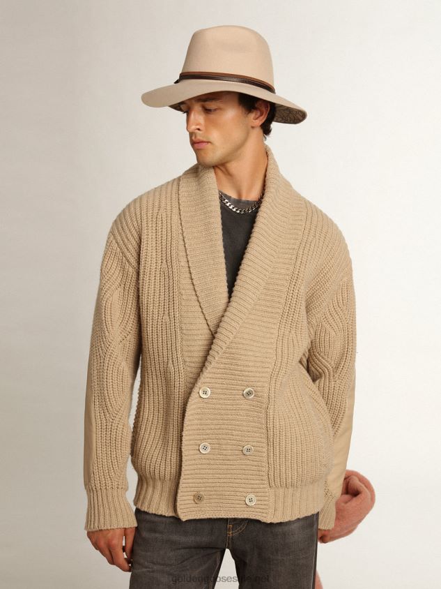 Double-breasted Journey Collection cardigan in beige ribbed wool with tone-on-tone leather patches FN20N715 Men Golden Goose
