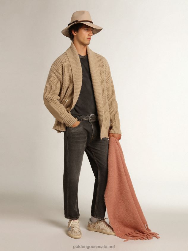 Double-breasted Journey Collection cardigan in beige ribbed wool with tone-on-tone leather patches FN20N715 Men Golden Goose