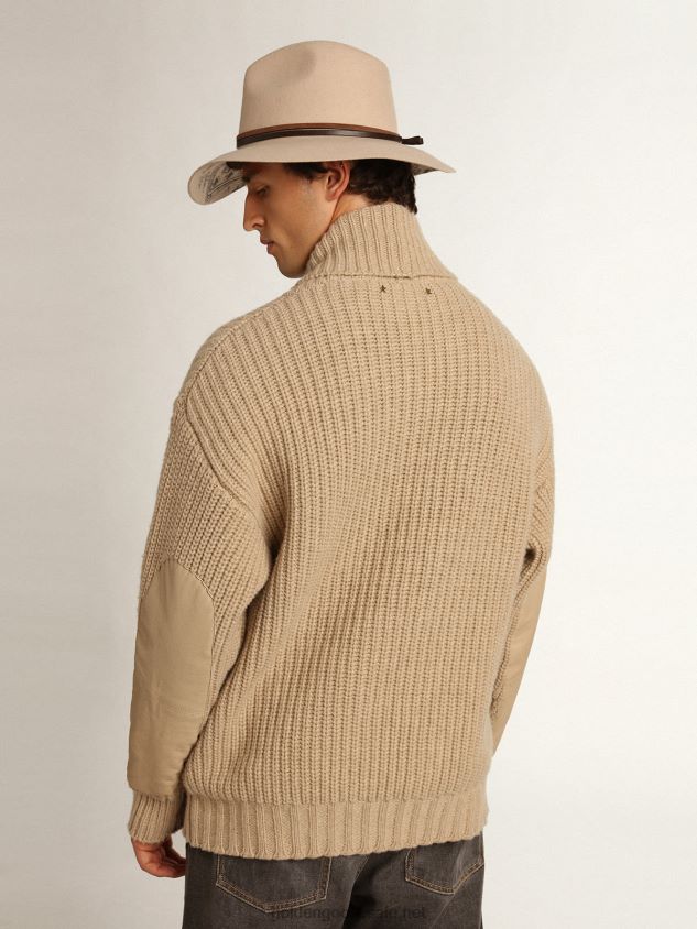 Double-breasted Journey Collection cardigan in beige ribbed wool with tone-on-tone leather patches FN20N715 Men Golden Goose