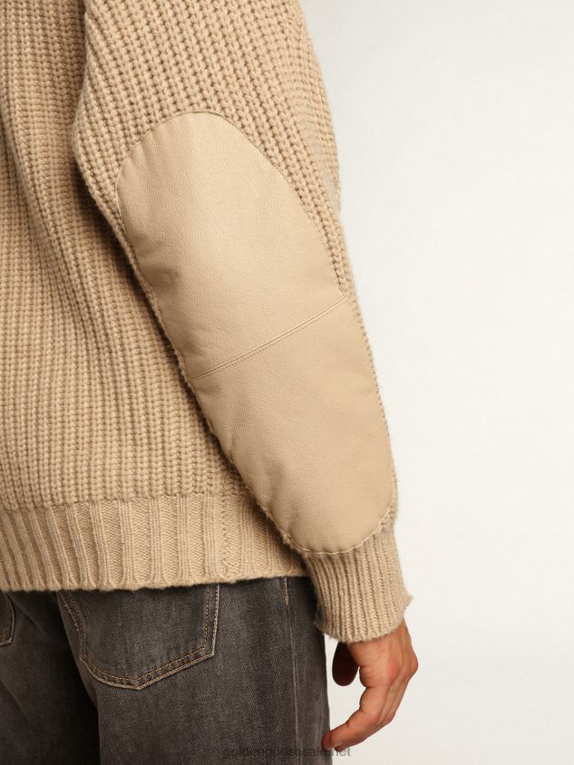 Double-breasted Journey Collection cardigan in beige ribbed wool with tone-on-tone leather patches FN20N715 Men Golden Goose