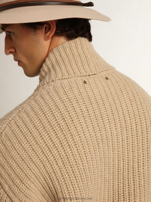 Double-breasted Journey Collection cardigan in beige ribbed wool with tone-on-tone leather patches FN20N715 Men Golden Goose