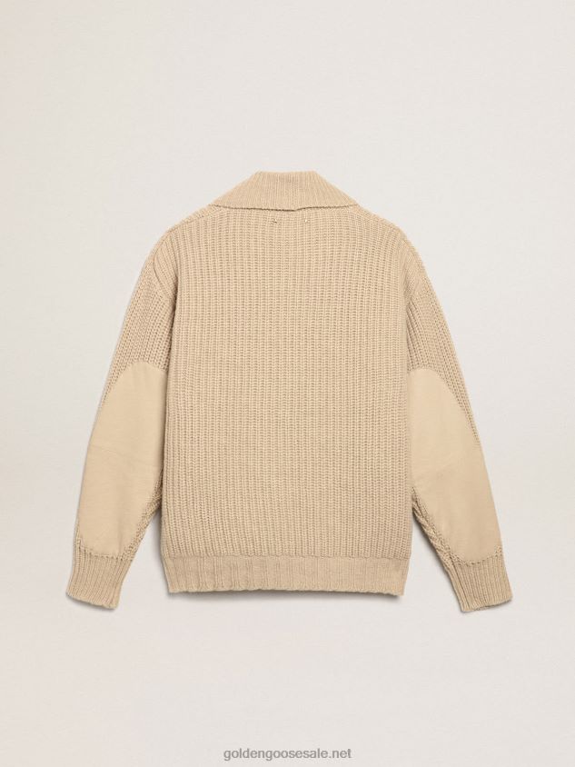 Double-breasted Journey Collection cardigan in beige ribbed wool with tone-on-tone leather patches FN20N715 Men Golden Goose