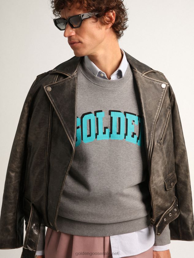 Gray Journey Collection sweatshirt with contrasting turquoise Golden lettering FN20N767 Men