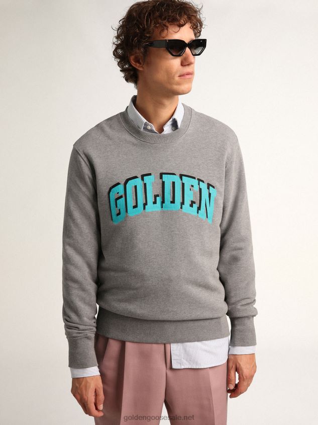 Gray Journey Collection sweatshirt with contrasting turquoise Golden lettering FN20N767 Men