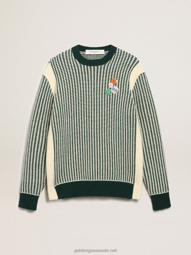 Journey Collection round-neck sweater in two-tone white and green wool FN20N749 Men Golden Goose