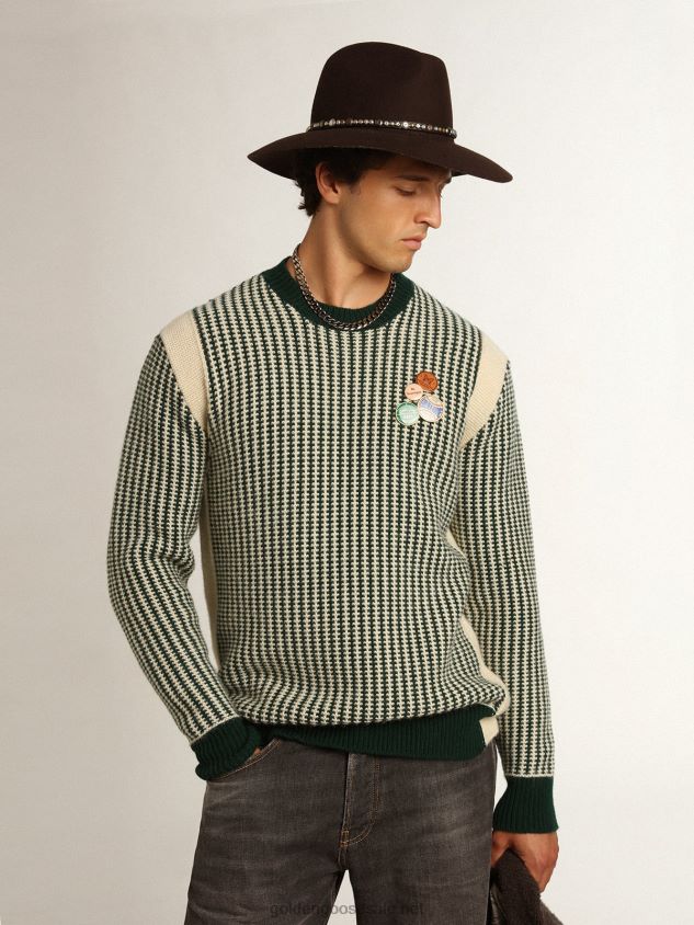 Journey Collection round-neck sweater in two-tone white and green wool FN20N749 Men Golden Goose
